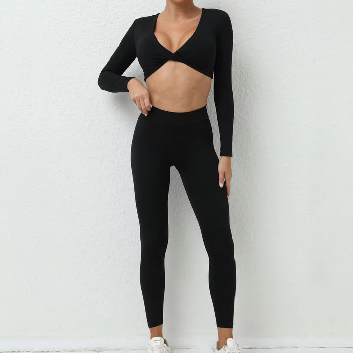 Women'S Yoga Set 2-Piece Sports Bra High Waist Fitness Yoga Leggings V Cut Low Neck Long Sleeve Breathable with Twist Support