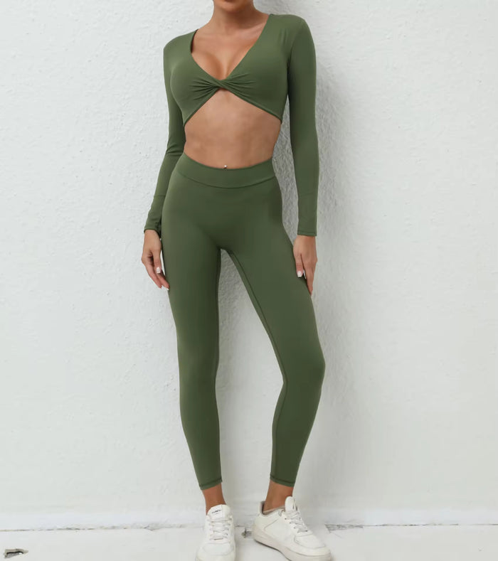 Women'S Yoga Set 2-Piece Sports Bra High Waist Fitness Yoga Leggings V Cut Low Neck Long Sleeve Breathable with Twist Support