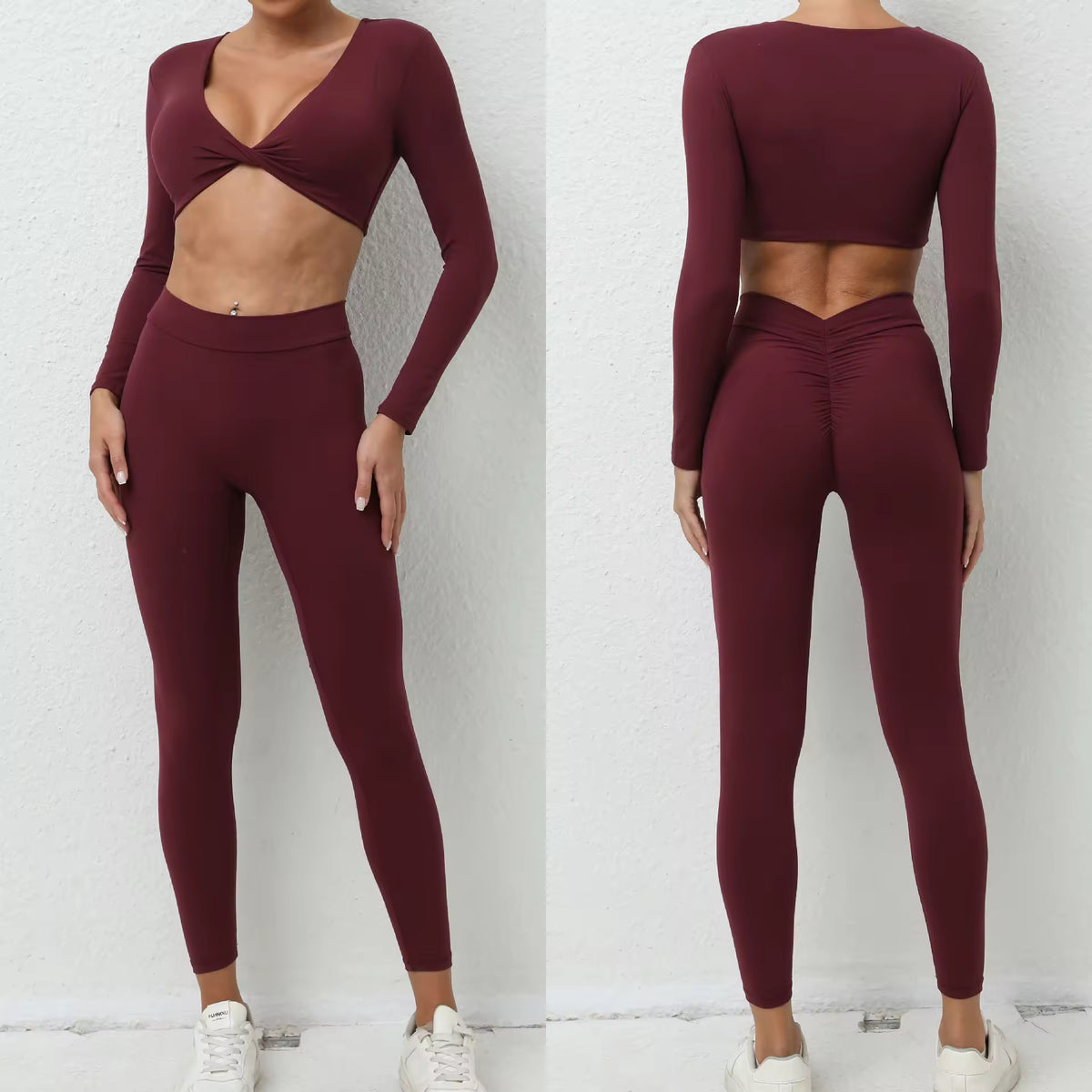 Women'S Yoga Set 2-Piece Sports Bra High Waist Fitness Yoga Leggings V Cut Low Neck Long Sleeve Breathable with Twist Support