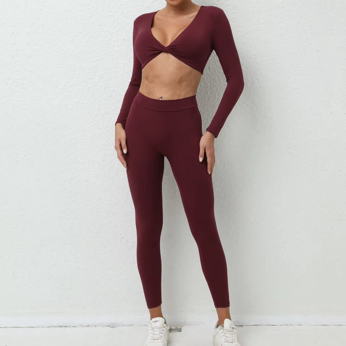 Women'S Yoga Set 2-Piece Sports Bra High Waist Fitness Yoga Leggings V Cut Low Neck Long Sleeve Breathable with Twist Support