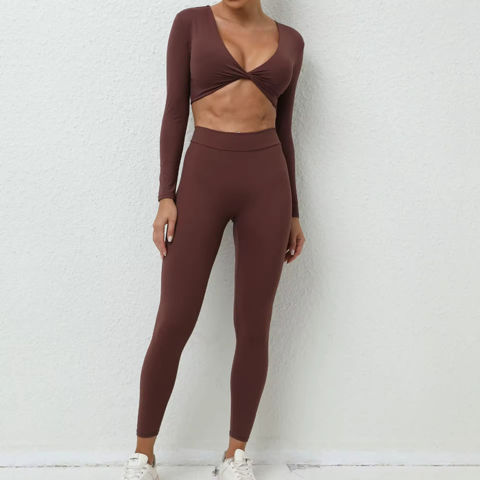 Women'S Yoga Set 2-Piece Sports Bra High Waist Fitness Yoga Leggings V Cut Low Neck Long Sleeve Breathable with Twist Support