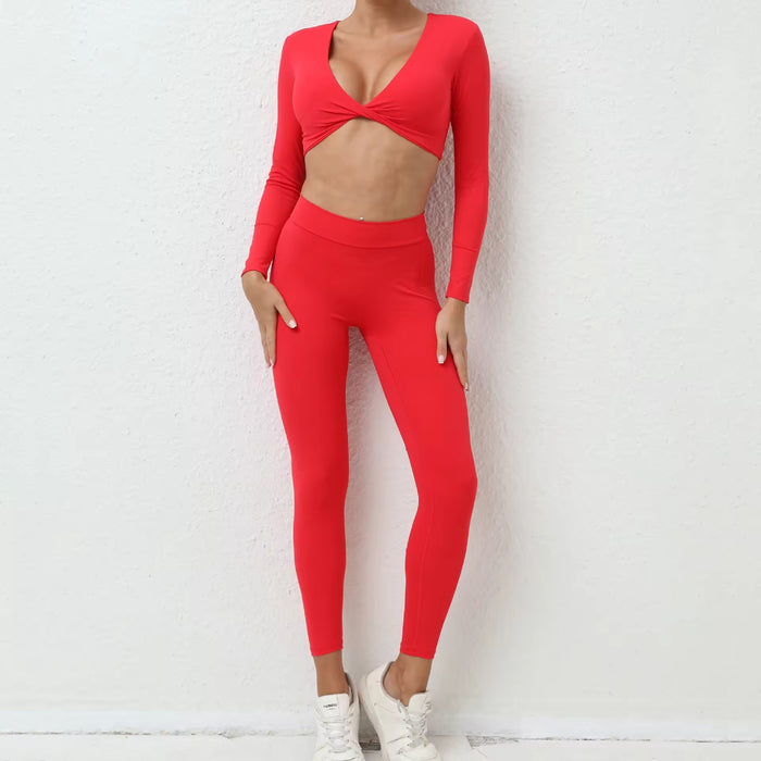 Women'S Yoga Set 2-Piece Sports Bra High Waist Fitness Yoga Leggings V Cut Low Neck Long Sleeve Breathable with Twist Support