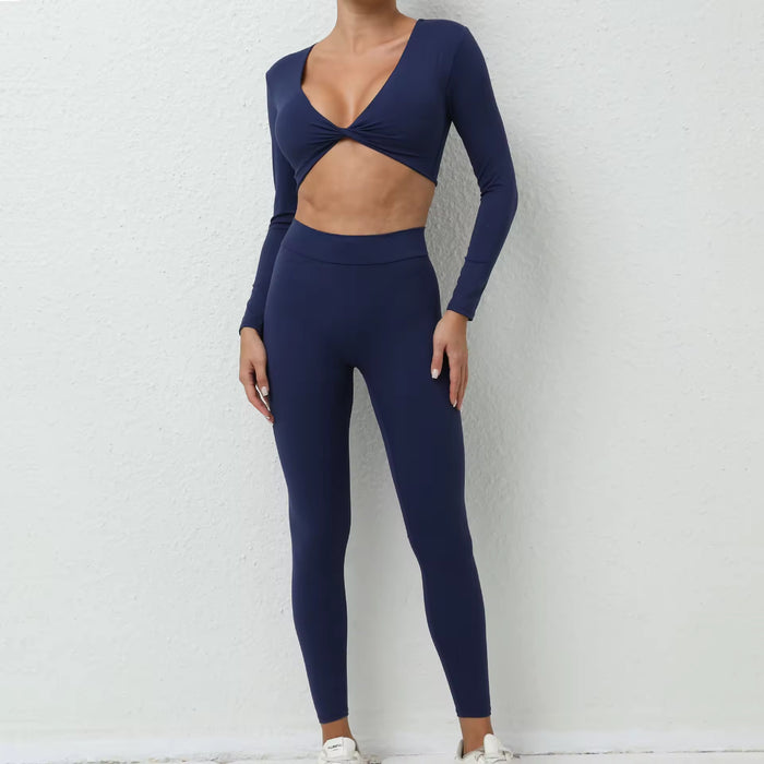 Women'S Yoga Set 2-Piece Sports Bra High Waist Fitness Yoga Leggings V Cut Low Neck Long Sleeve Breathable with Twist Support